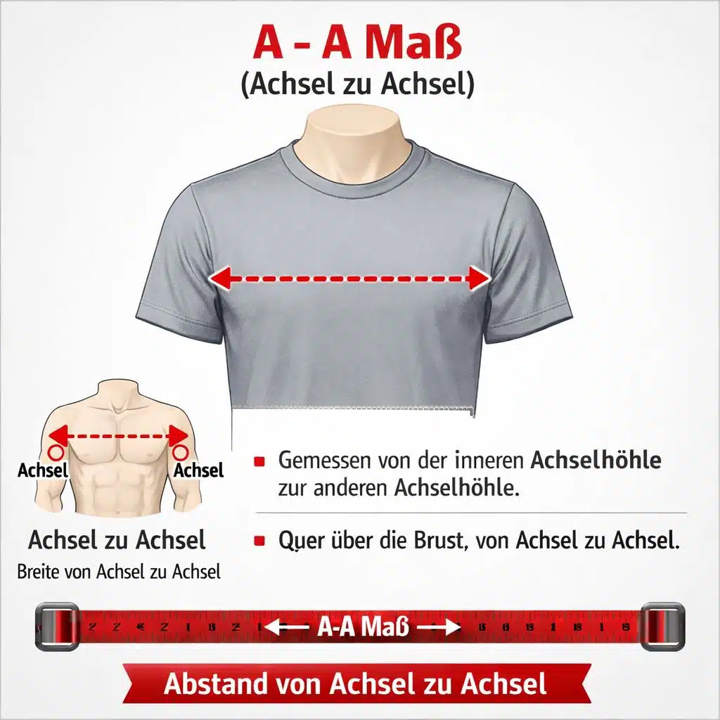 A-A Maß Produkt: Achsel zu Achsel Messanleitung. Brustweite korrekt messen. Produktinformation zur Größenbestimmung.