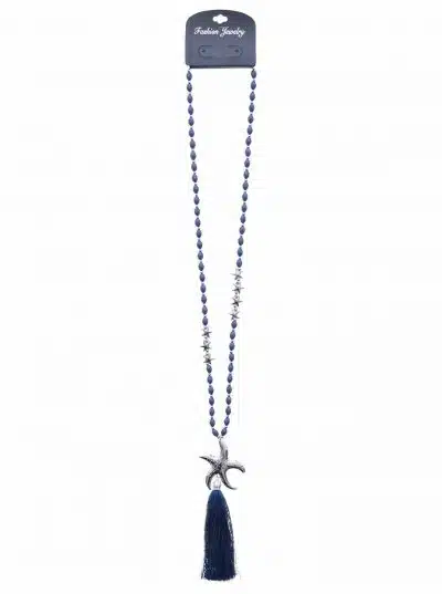 Eine blaue Perlenkette mit einer silbernen Seestern Kette und Quaste.