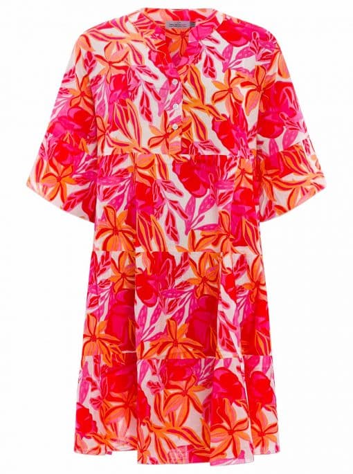Ein Blütenmeer Kleid mit einem pinken und orangefarbenen Blütenprint.