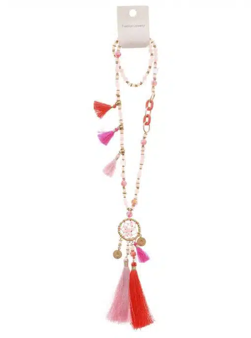 Modeschmuck-Halskette mit rosa Perlen und „Summer Dream“-Boho-Kette-Quasten, die an einer Grafikkarte hängen.