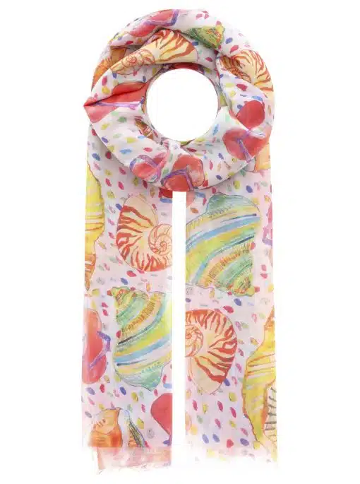 Ein farbenfroh bedruckter Flip & Flop-Schal mit abstraktem Design mit Muschel- und Korallenmotiven auf hellem Hintergrund.