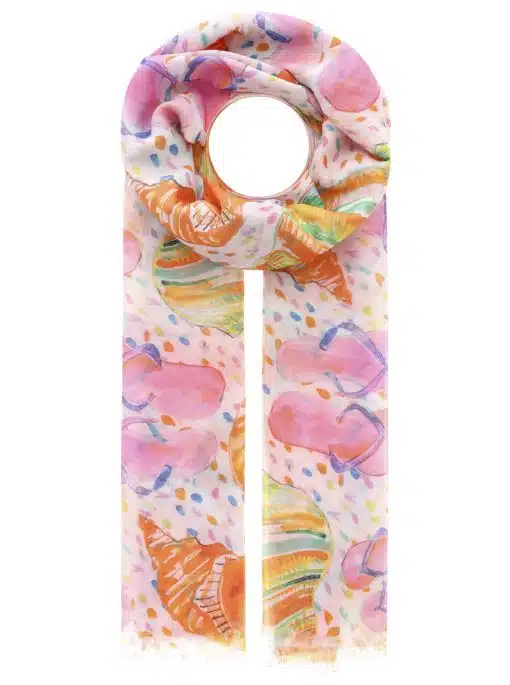 Ein farbenfroher „Flip & Flop“-Schal mit Schleifendesign und einem Muster aus Gläsern und Muscheln auf einem gesprenkelten Hintergrund.