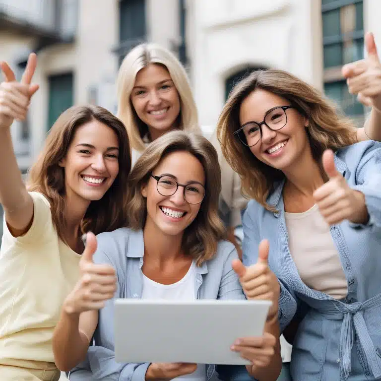 Vier junge Frauen halten ein Tablet mit einer Newsletter-Marketingkampagne, strecken den Daumen hoch und lächeln in die Kamera. Sie stehen im Freien mit einem Gebäude im Hintergrund. Sie wirken glücklich und tragen legere Kleidung.