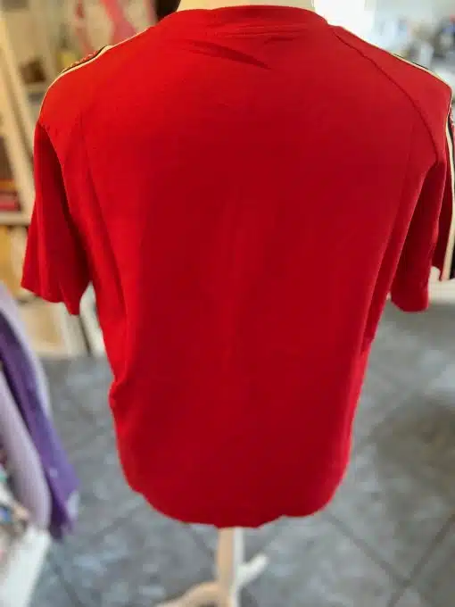 Eine Schaufensterpuppe trägt ein schlichtes rotes Mickey-Boy-Shirt, das an die Freizeitkleidung eines kleinen Jungen erinnert. Das Shirt hat keine sichtbaren Logos oder Designs und das Bild ist von hinten aufgenommen. Die Schaufensterpuppe steht in einem Raum mit gefliestem Boden, wobei einige unscharfe Hintergrundelemente für Tiefe sorgen.