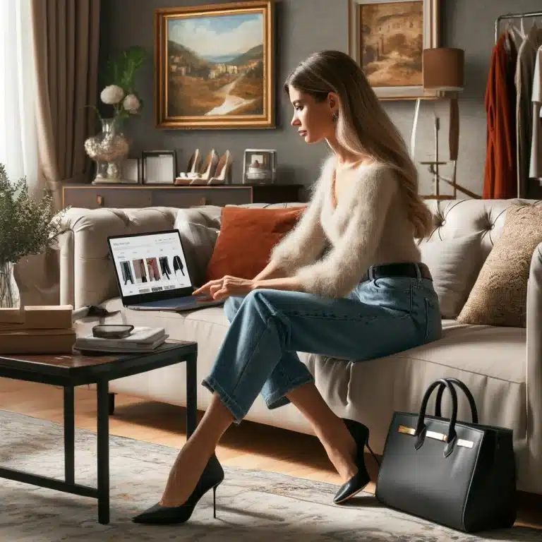 Eine Frau mit langen blonden Haaren sitzt auf einem Wohnzimmersofa und durchsucht auf ihrem Laptop die Website von Italienische Mode. Sie trägt einen flauschigen schulterfreien Pullover, blaue Jeans und schwarze High Heels. Der Raum ist mit Gemälden, Pflanzen und einer Handtasche auf dem Boden dekoriert.