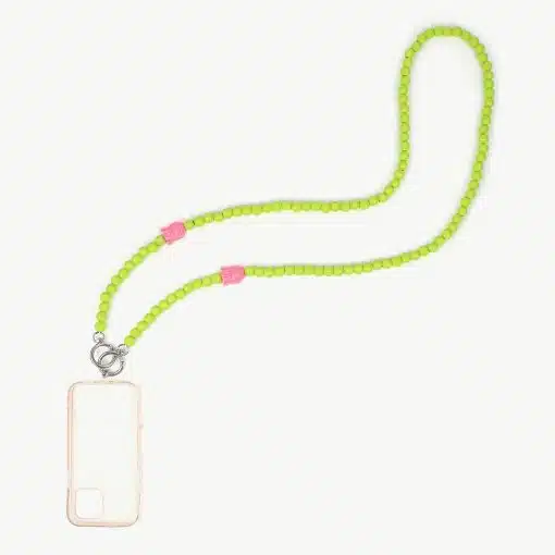 Eine transparente Handyhülle ist an einem Perlenband befestigt. Die Handy-Taschen Kette besteht aus limettengrünen Perlen und hat oben zwei rosa Verbindungsstücke. Mit diesem stylischen Handy-Taschen Accessoire kann das Handy um den Hals oder über die Schulter getragen werden.