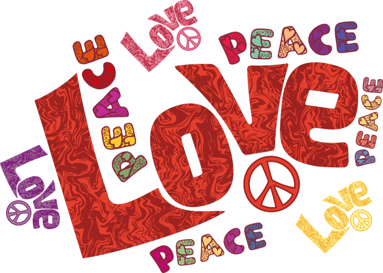 Das Bild zeigt das Wort „LOVE“ in fettem, rotem, gemustertem Text mit verschiedenen Peace-Zeichen und bunten, stilisierten Figuren von Menschen und Herzen, die es umgeben. Der Hintergrund ist mehrfarbig gestreift, wodurch automatisch eine entwurfsähnliche Ästhetik entsteht.