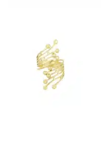 Der Dot Delight ist ein Goldring mit modernem abstraktem Design, der mehrere dünne Bänder aufweist, die sich nach oben erstrecken und jeweils in kleinen Kreisen enden. Seine komplizierte Struktur ähnelt verzweigten Pfaden oder Ranken