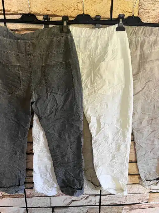 Entdecke deinen neuen Style! Vor dir hängen drei zauberhafte Patch-Hosen in Trendfarben: Tiefgrau, reines Weiß und sanftes Hellgrau. Der lässige Crinkle-Look gibt jeder Hose das gewisse Etwas und sorgt für individuelle Coolness. Stilvoll am schwarzen Bügel vor der urbanen Backsteinwand präsentiert, warten sie nur darauf, deine Looks auf ein neues Level zu heben - bist du bereit für deinen modernen Fashion-Moment?.