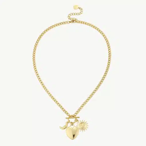 Entdecke deinen neuen Lieblingsschmuck: Diese goldene Halskette verleiht jedem deiner Outfits das gewisse Etwas. Die zarten Anhänger - ein Herz, eine Sonne und ein Mond - erzählen deine ganz persönliche Story und setzen moderne, stylische Akzente. Trage sie solo für einen eleganten Look oder kombiniere sie mit anderen Ketten, um deinen individuellen Style zum Ausdruck zu bringen. Gönn dir glanzvolle Momente!.