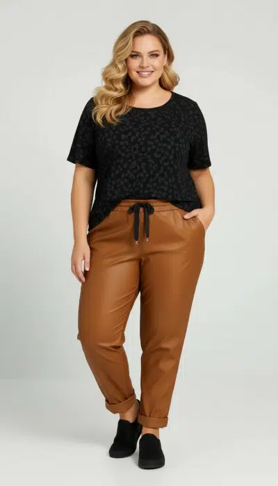 Strahle mit deinem Lächeln in einem schwarzen Muster-Shirt, der "Lederliebe" Hose und lässigen schwarzen Slippern.