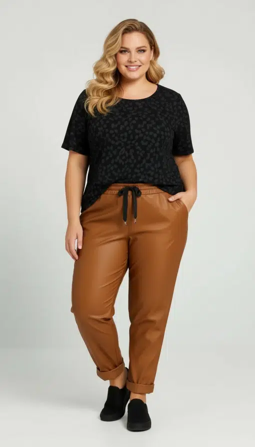 Strahle mit deinem Lächeln in einem schwarzen Muster-Shirt, der "Lederliebe" Hose und lässigen schwarzen Slippern.