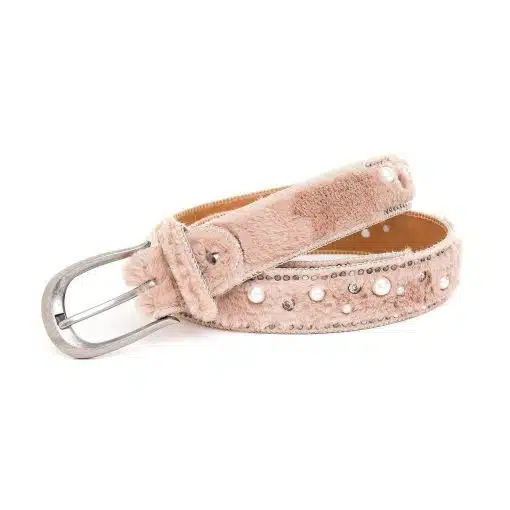Erlebe deinen Style mit dem GlamFur Belt: Rosa Kunstfell, silberne Schnalle, Perlen und funkelnde Strasssteine für deinen Look!.