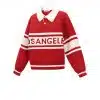 Hol dir den modernen "LOS ANGELES" College Pulli: Rotes Weiß, cooler Kragen & auffällige Streifen - dein neues It-Piece!.