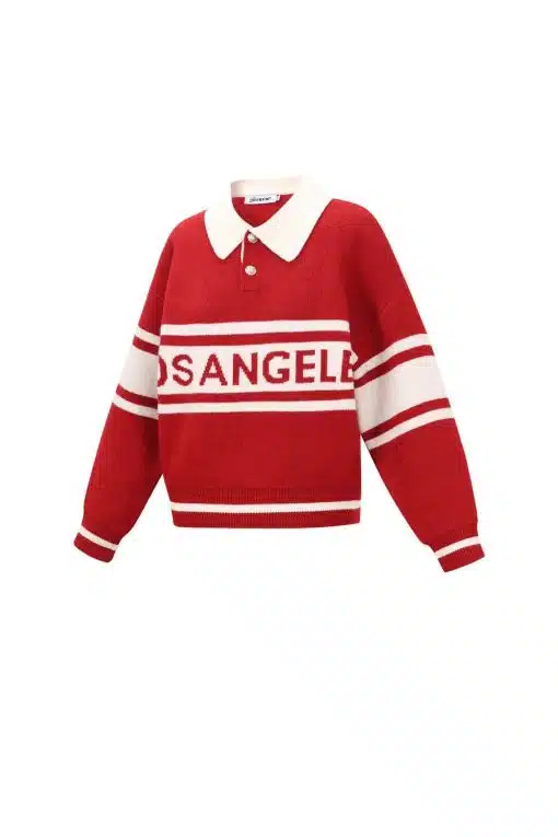 Hol dir den modernen "LOS ANGELES" College Pulli: Rotes Weiß, cooler Kragen & auffällige Streifen - dein neues It-Piece!.