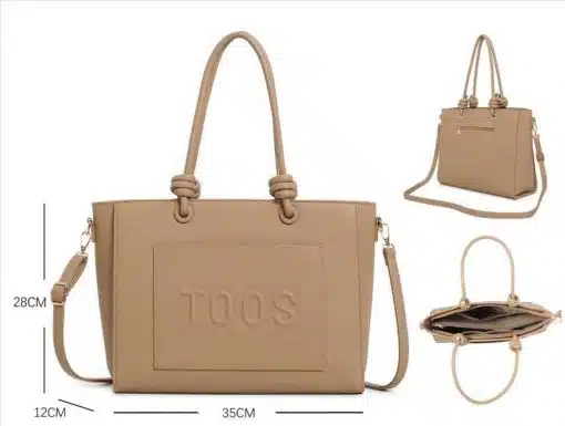 Erlebe die Toos Handtasche in Beige mit "TOOS" Prägung - von allen Seiten gezeigt, modern & stilvoll, 35x28x12 cm.