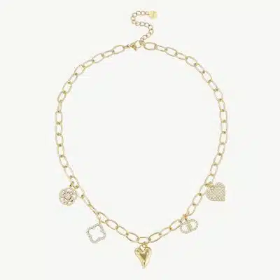Erlebe pure Eleganz: Diese goldene Kette mit Herz- und Blumenanhängern setzt stilvolle Akzente an deinem Hals.