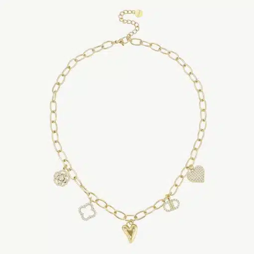 Erlebe pure Eleganz: Diese goldene Kette mit Herz- und Blumenanhängern setzt stilvolle Akzente an deinem Hals.