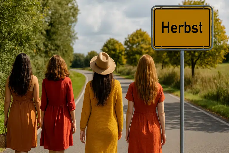 Erlebe den goldenen Herbst: Du und deine Freundinnen, stylisch in herbstlichen Kleidern, unterwegs zum Abenteuer "Herbst".