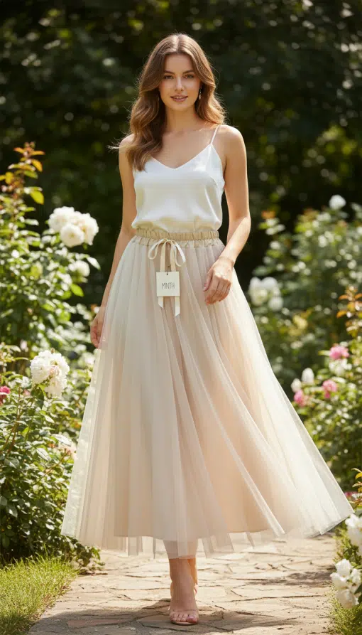 Erlebe, wie du im eleganten "Cloudlight" Chiffonrock und Satin-Top stilvoll durch einen sonnigen, blühenden Garten schreitest.