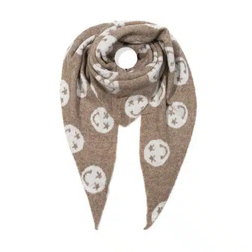 Mit dem Allover Happy Dreieckschal bringst du mit braunem Stoff und weißen Smileys moderne gute Laune in deinen Look!.