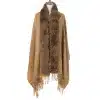 Erlebe den Jolina Poncho Schal: Modernes Tan-Design, luxuriöser Kunstpelz und trendige Fransen - dein neues Fashion-Statement!.