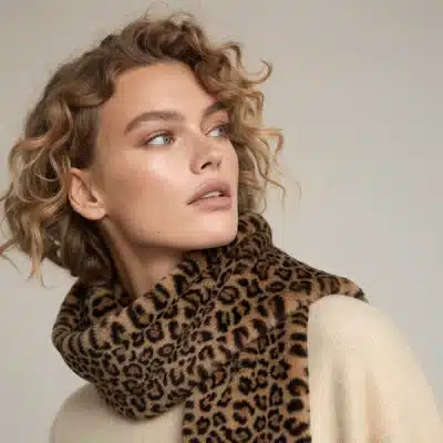 Mit dem "Leopard Luxe Kragenschal" und beigen Sweater setzt du mit deinen Locken ein stylisches Statement - trau dich, hinzuschauen!.