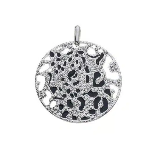 Entdecke Roundglam - ein moderner, runder Anhänger mit funkelnden Kristallen, schwarzem Akzent und stylischem Cutout-Design.