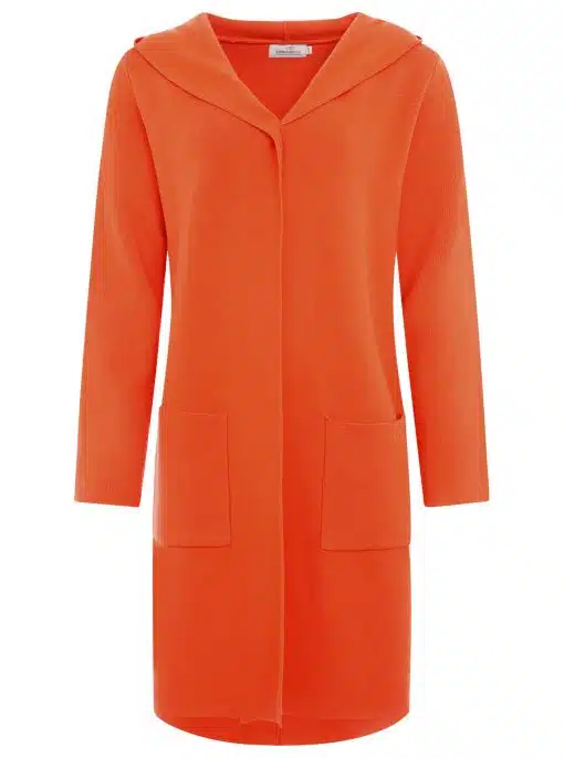 Entdecke deinen Style mit dem knallorangenen Kapuzen-Cardigan von Janina Basic - modern, lässig und mit praktischen Taschen!.