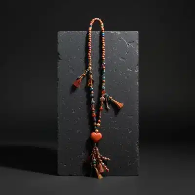 Entdecke die Boho Earth Kette - dein modernes It-Piece mit rotem Herzanhänger und Tasseln auf edlem Stein perfekt in Szene gesetzt.