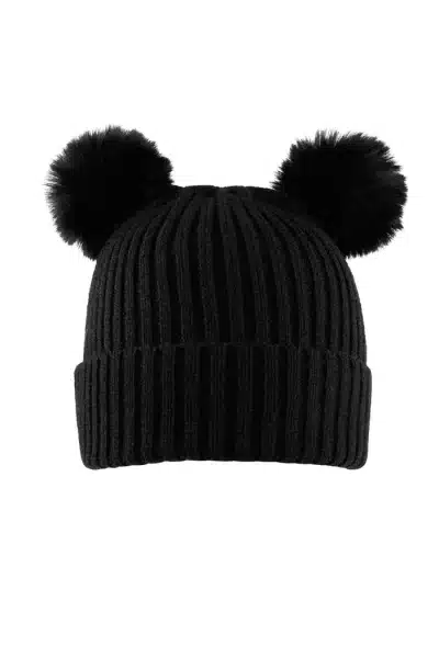 Entdecke deine stylische Seite mit der Mini Me Strickmütze - schwarzer Rippstrick, zwei Pompons als Bärenohren, supermodern!.
