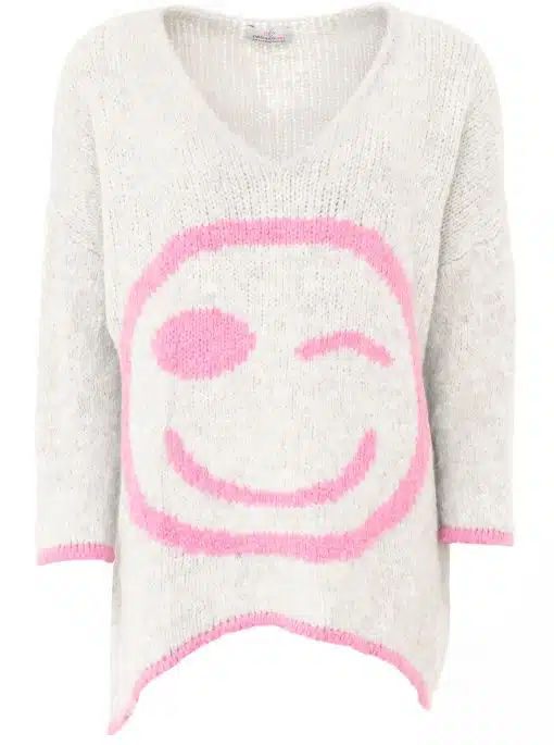 Sichere dir den angesagten Oversize Pullover "Smile" in Hellgrau mit auffälligem pinkem Winking-Smiley - dein Cozy-Highlight!.