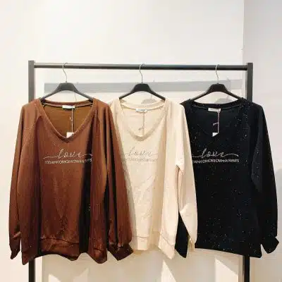Entdecke deinen neuen Style: Drei trendige Langarm-Pullover in Braun, Creme und Schwarz warten auf dich an einer modernen weißen Wand.