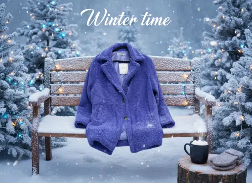 Zieh deinen flauschigen lila Teddy Style Coat an, setz dich auf die verschneite Bank und genieße das Winter Wonderland!.