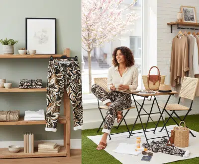 Erlebe den Zauber der Tropical Leaves Pants - genieße deinen Kaffee, während dein neuer Look stilvoll im Rampenlicht steht.