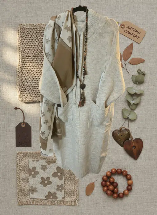 Kreiere deinen Trend-Look: Überziehe dein Soft & Snug Strickkleid mit cremefarbenem Strick, Schal, Perlen und Herbstdeko.