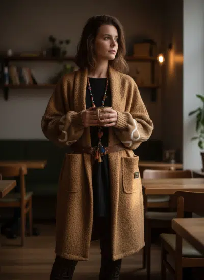 Genieße deinen Moment im Herzstück Long-Cardigan und halte stilvoll deinen Kaffee im modernen, gemütlich beleuchteten Café.