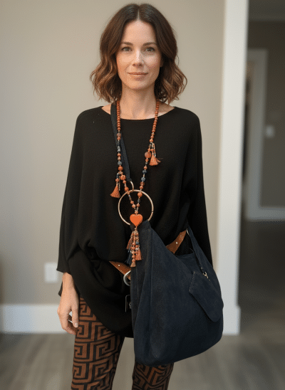 Setze ein modisches Statement: Mit schwarzem Top, gemusterten Hosen und Poncho Pullover strahlst du Stil und Komfort aus!.