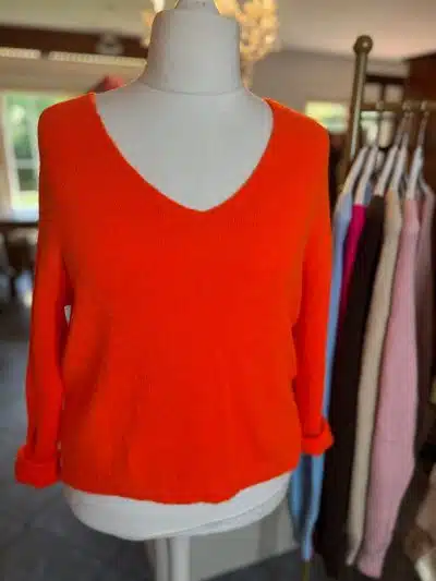 Entdecke deinen neuen Lieblingslook: Strahle in diesem leuchtend orangen V-Neck-Pullover - trendy, frisch und sofort im Trend!.