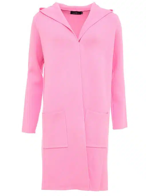 Entdecke deinen stylischen, langärmligen Kapuzen-Cardigan in Pink mit offenen Fronten und großen Taschen von Janina Basic!.