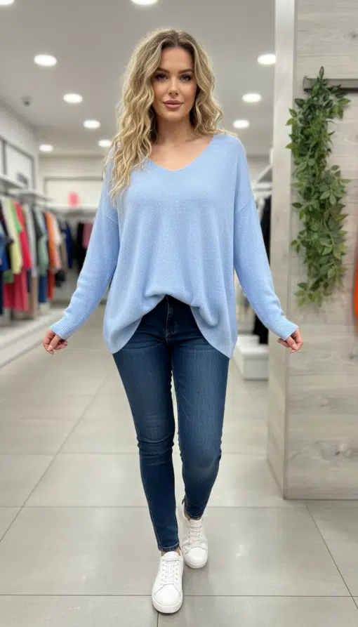Entdecke deinen Style: Du strahlst in Jeans und "Alpaca Luxury V-Neck" Pulli und genießt entspannt die Auswahl im Store.
