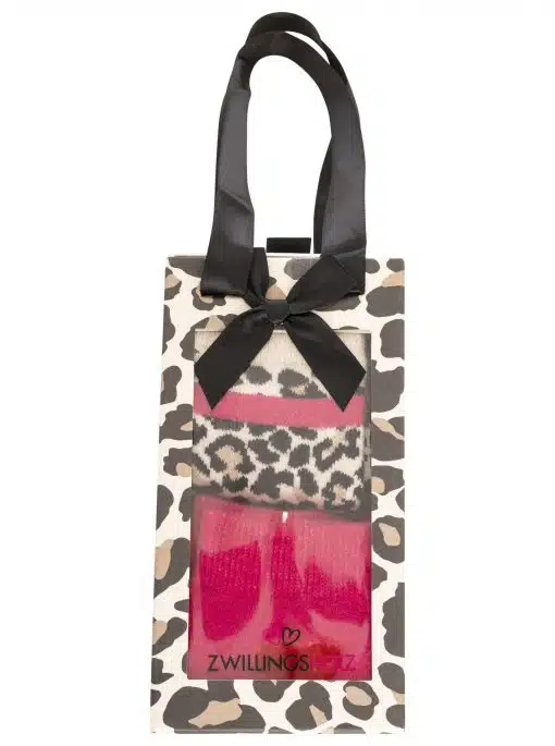 Gönn dir die Zwillingsherz Geschenkbox: Edle Box mit schwarzem Band, top-gelabelte Leo- und pinke Stricksocken für dich!.