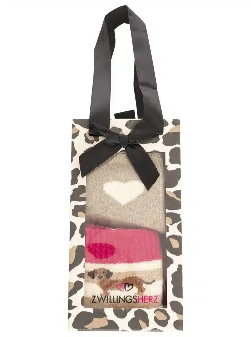 Entdecke die Zwillingsherz Geschenkbox: Stylische, kuschelige Socken mit Herz- und Animalprint in edler Box mit schwarzer Schleife!.