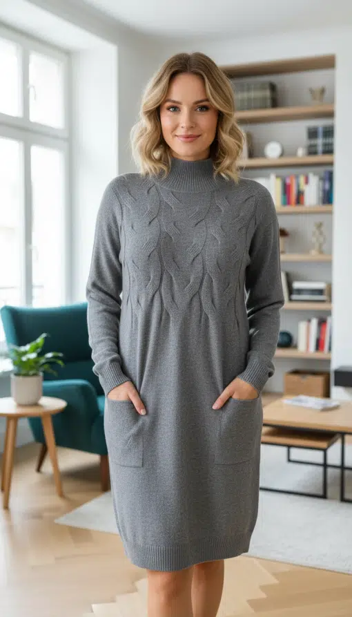 Du trägst das Cable Chic Dress in einem stylischen, gemütlichen Wohnzimmer mit Bücherregalen und üppigen Pflanzen.