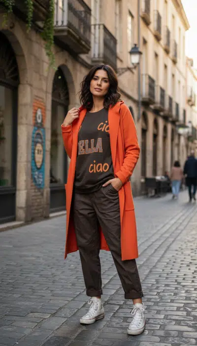 Du stehst selbstbewusst auf dem Kopfsteinpflaster der Stadt und trägst den leuchtend orangen Janina Basic Mantel von Zwillingsherz zu braunen Hosen.