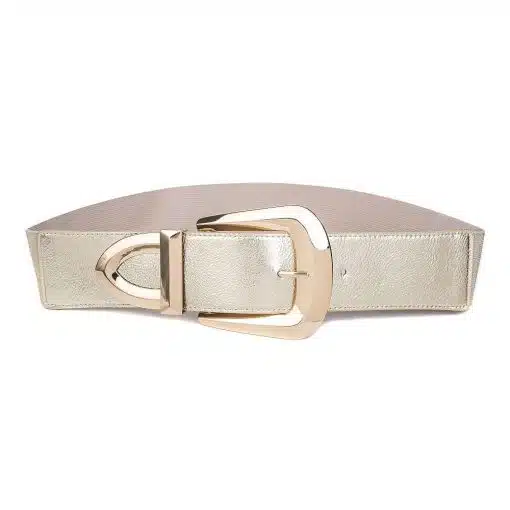 Erlebe den Wilma Stretchgürtel Leopard: Dein stylisches Statement-Piece in glänzendem Gold mit auffälliger, großer Schnalle.