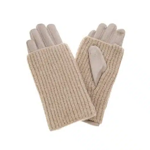 Entdecke die Rosalind Handschuhe: Moderne, beige Strickhandschuhe mit gerippter Struktur und weicher Wildleder-Innenfläche für dich.