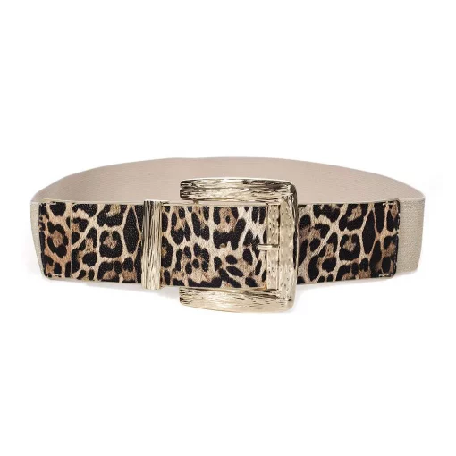 Mit diesem breiten, beigefarbenen Gürtel mit Leoparden-Front und glamouröser Goldschnalle setzt du ein echtes Fashion-Statement.