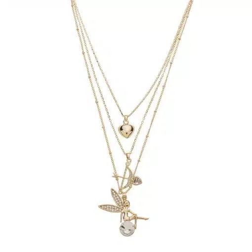 Verleihe deinem Look Glanz: Trage eine goldene Layering-Kette mit Herz-, Pfeil- und Feen-Anhängern und funkelnden Kristallen.