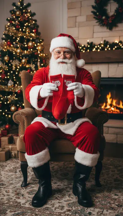 Erlebe die Magie: Du sitzt wie Santa am Kamin, hältst deine Santa Sparkle Socks-rote Socken mit fröhlichen Schneemännern.